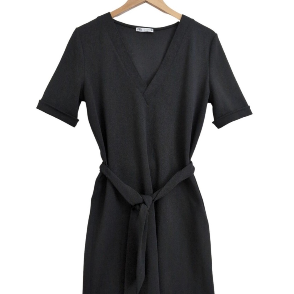 Zara Belted Pullover Dress Women's Black Short Sleeve Above Knee V-Neck | Size S